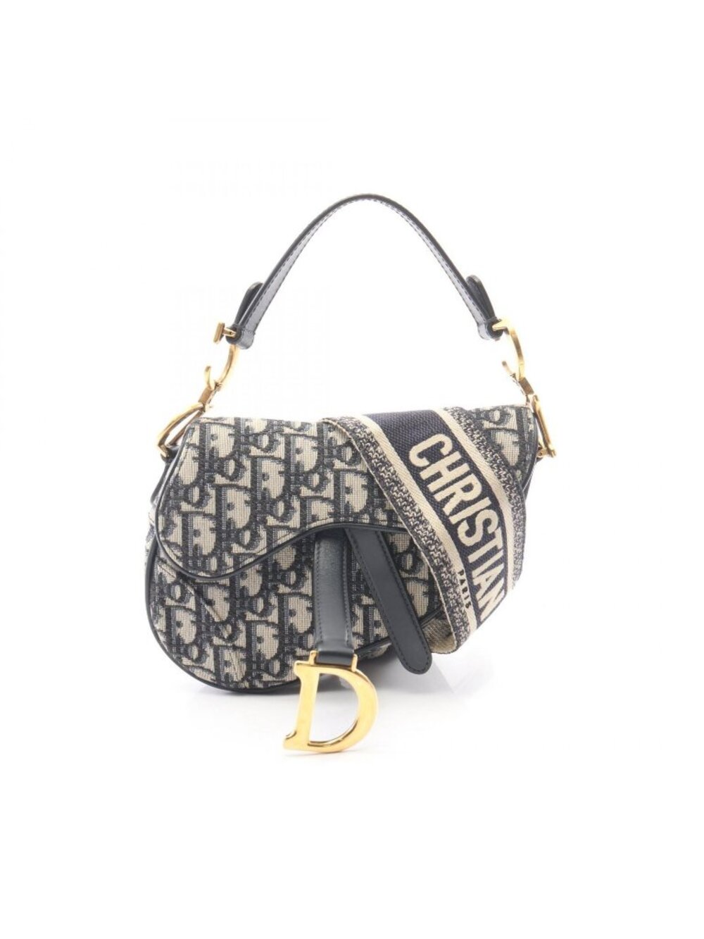 Dior Handbag Saddle Bag Mini Oblique Jacquard 2-Way Ivory Navy Canvas Leather